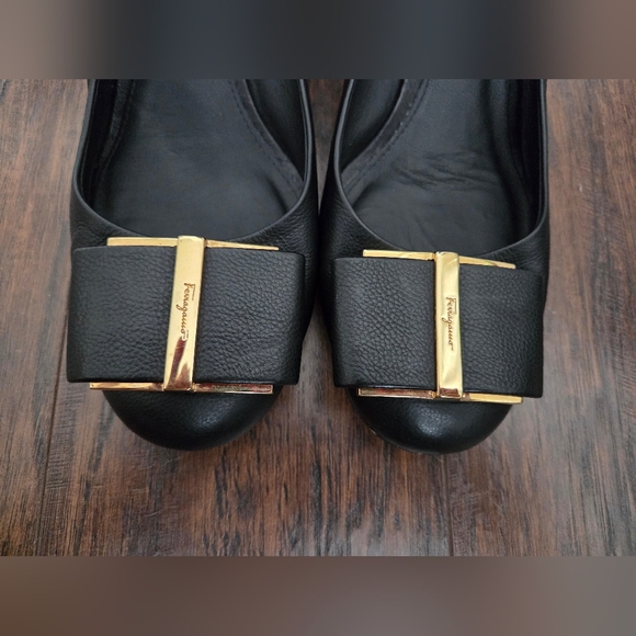 Salvatore Ferragamo Black Leather Heels with Gold Accents - Picture 3 of 10